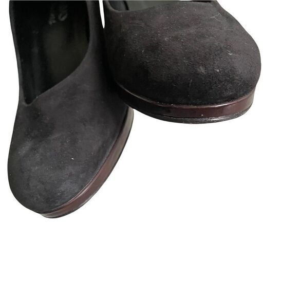 𝅺BROWNS SHOES Suede Slip On Almond Toe Pump Heels Platform Black - Picture 9 of 12